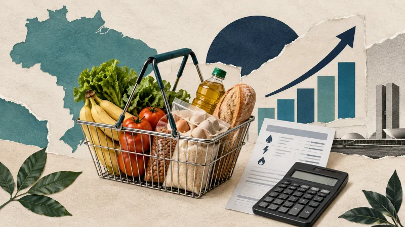 Colagem ilustrativa com cesta de alimentos, conta de luz, calculadora e elementos gráficos sobre o IPCA-15 de setembro de 2026.