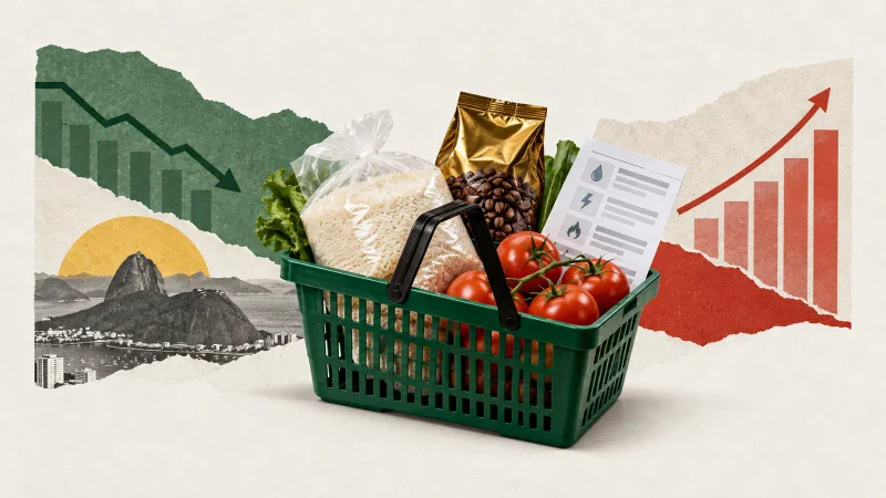 Colagem editorial com cesta de alimentos, conta de energia e gráficos em direções opostas