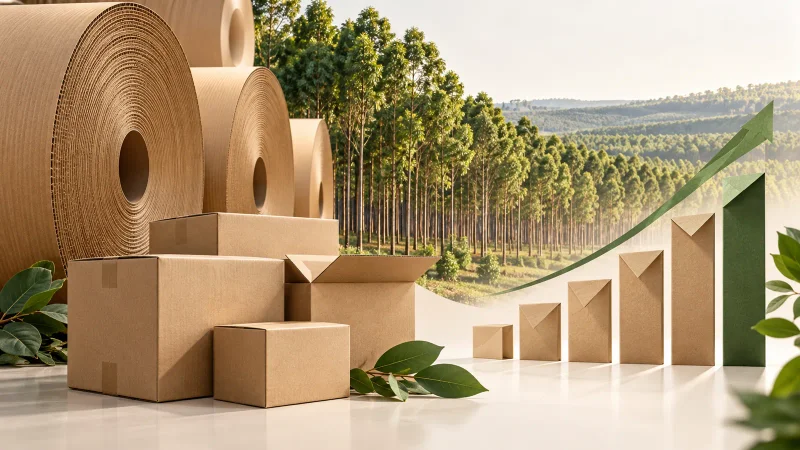 Colagem minimalista com caixas de papelão, bobinas de papel, floresta plantada e gráfico financeiro