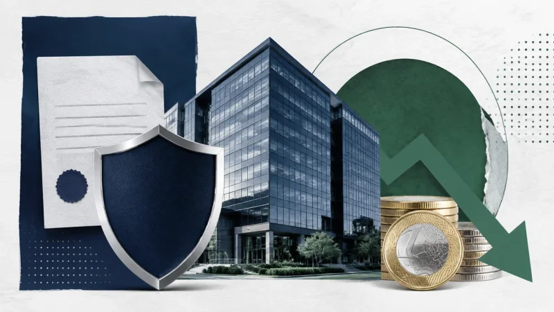 Colagem minimalista com edifício, escudo, apólice e moedas representando o setor de resseguros