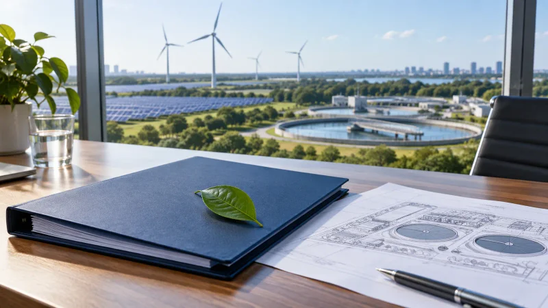 Pasta financeira diante de projetos de energia renovável e saneamento representando o Eco Invest