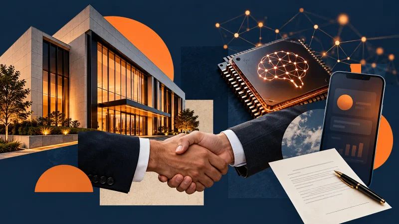 Colagem minimalista com banco, chip de inteligência artificial e contrato