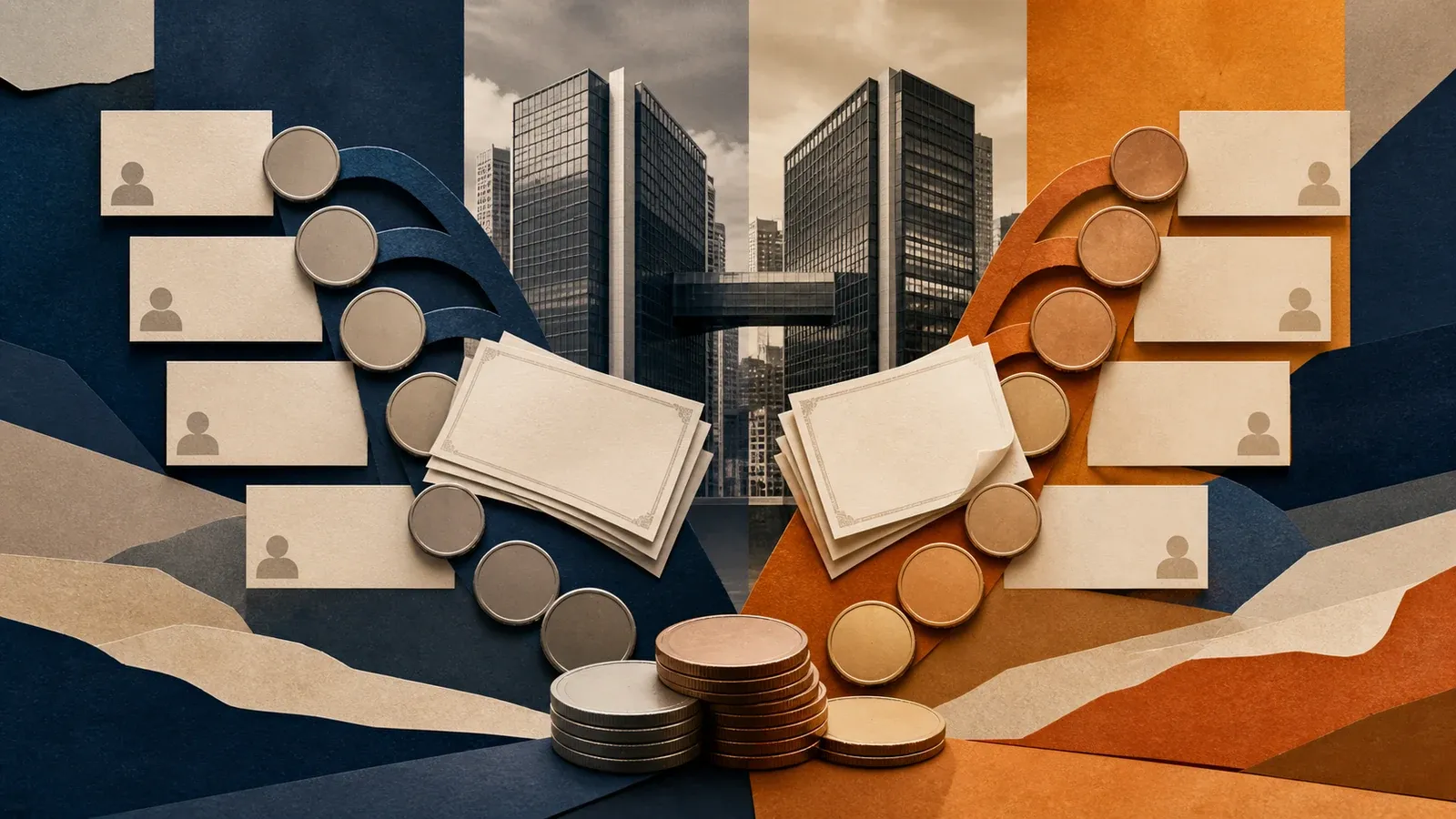 Colagem editorial com torres corporativas e fluxos de proventos do Itaúsa e Itaú