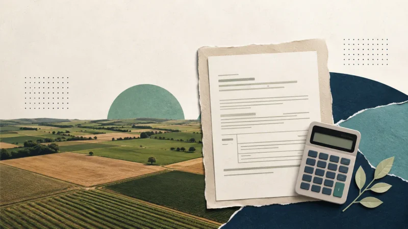 Colagem minimalista com propriedade rural, declaração do ITR e calculadora