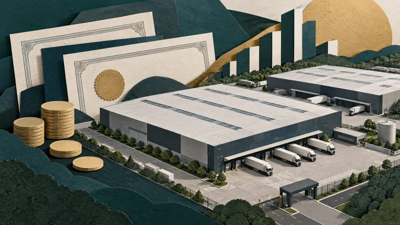 Colagem editorial de galpões industriais, certificados e moedas representando emissão do IVBP11