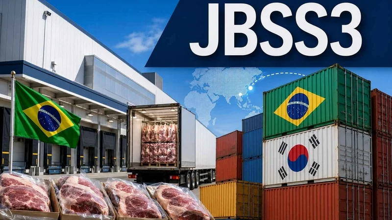 Planta frigorífica com carga de carne para exportação, contêineres com bandeiras do Brasil e da Coreia do Sul e destaque para JBSS3.