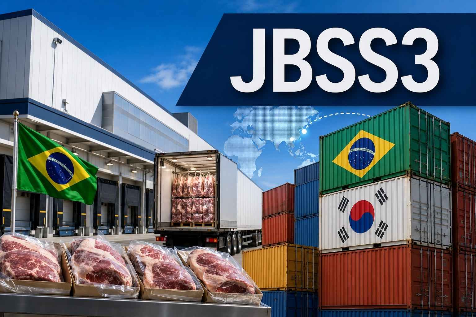 Planta frigorífica com carga de carne para exportação, contêineres com bandeiras do Brasil e da Coreia do Sul e destaque para JBSS3.