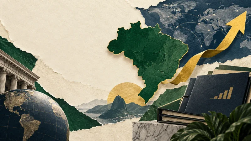 Colagem editorial clean sobre j.p. morgan eleva brasil a overweight após primeiro turno