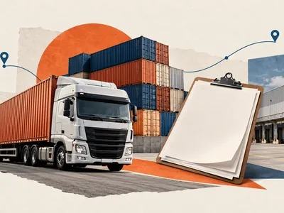 Colagem minimalista com caminhão, contêineres, centro logístico, prancheta e rota de transporte