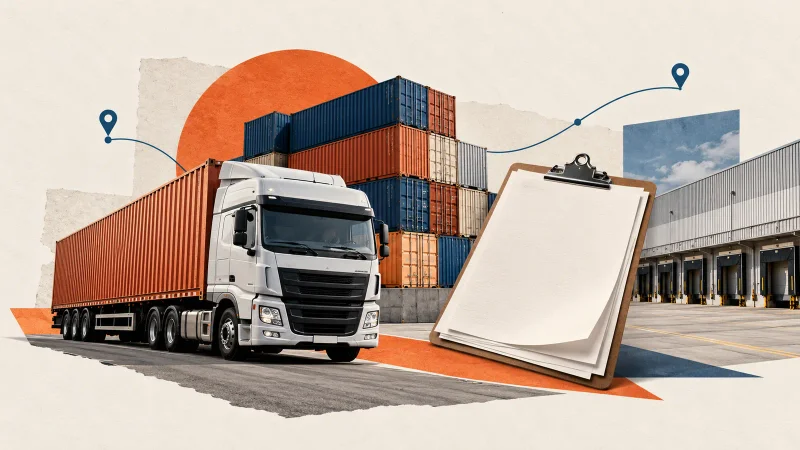Colagem minimalista com caminhão, contêineres, centro logístico, prancheta e rota de transporte