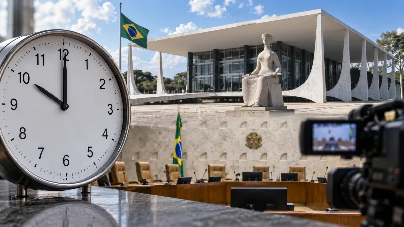 Relógio marcando 10 horas diante do prédio e do plenário do STF em Brasília