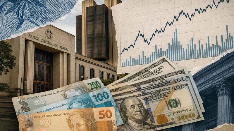 Colagem com gráfico de juros e renda fixa, cédulas de real e dólar, além da fachada do Banco Central do Brasil.
