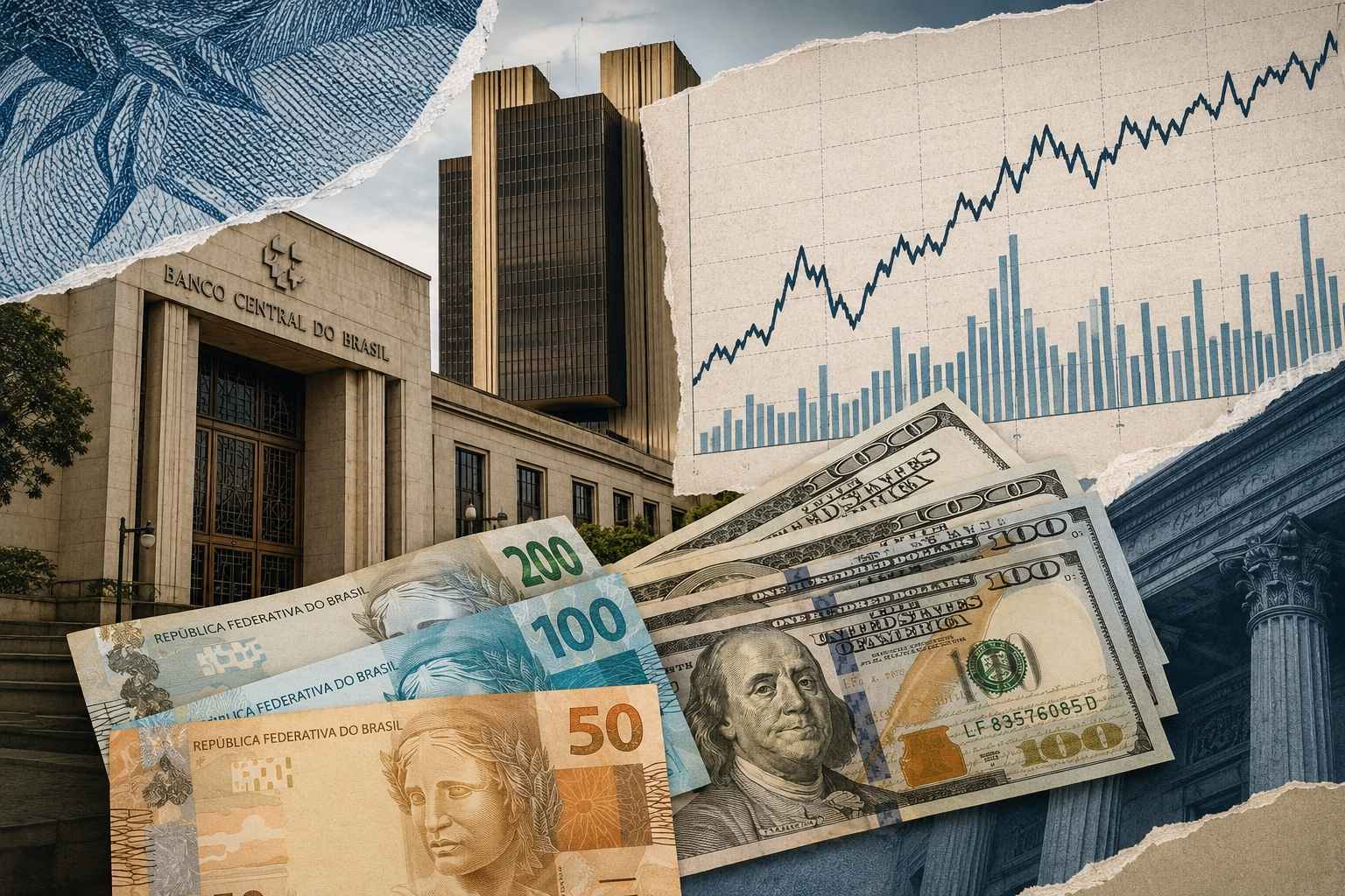 Colagem com gráfico de juros e renda fixa, cédulas de real e dólar, além da fachada do Banco Central do Brasil.