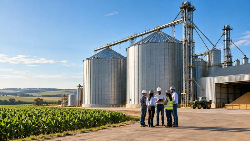 Silos agrícolas e equipe técnica diversa representando a entrada da Kepler Weber no IDIVERSA B3