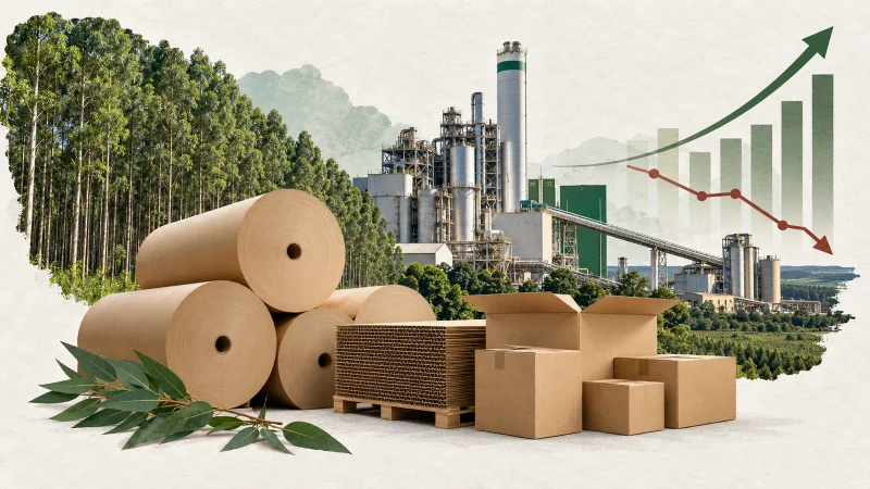Colagem minimalista com fábrica de papel, floresta de eucalipto, bobinas de papel e embalagens