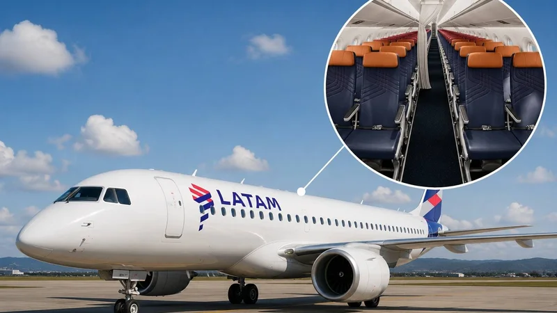 Avião E195-E2 da LATAM em solo com detalhe ampliado do interior da cabine e dos assentos.