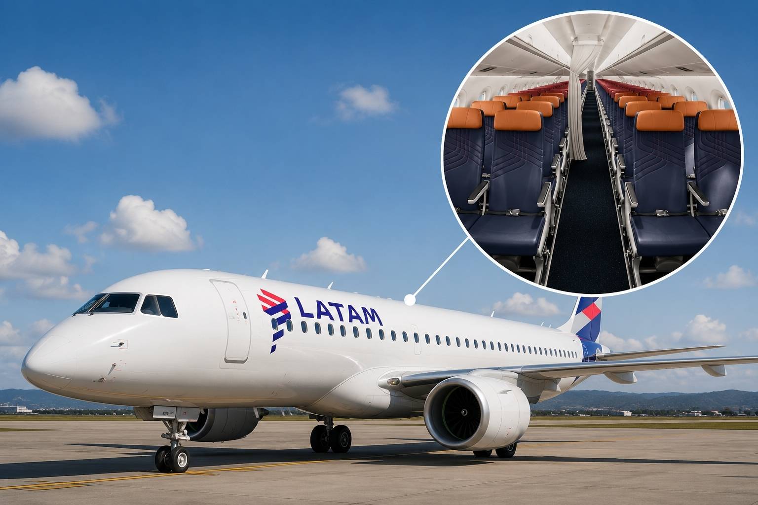 Avião E195-E2 da LATAM em solo com detalhe ampliado do interior da cabine e dos assentos.