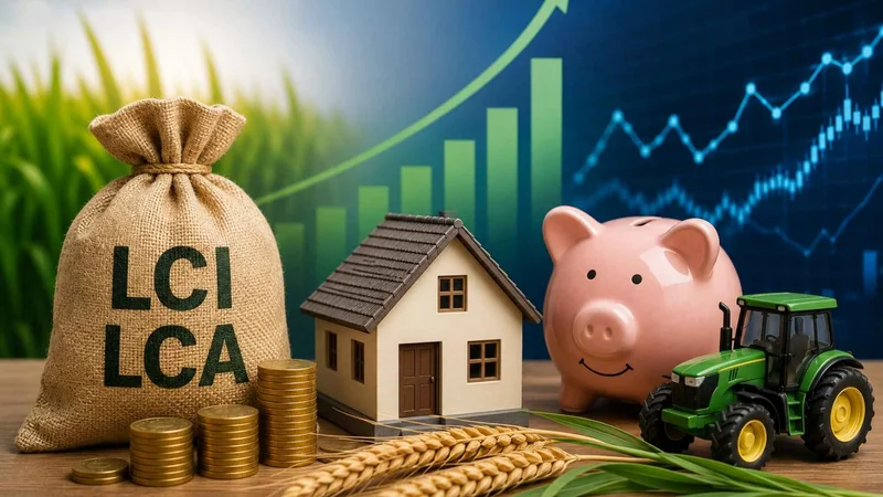 LCI e LCA representadas por casa, trator, cofrinho, moedas e gráfico de investimentos.