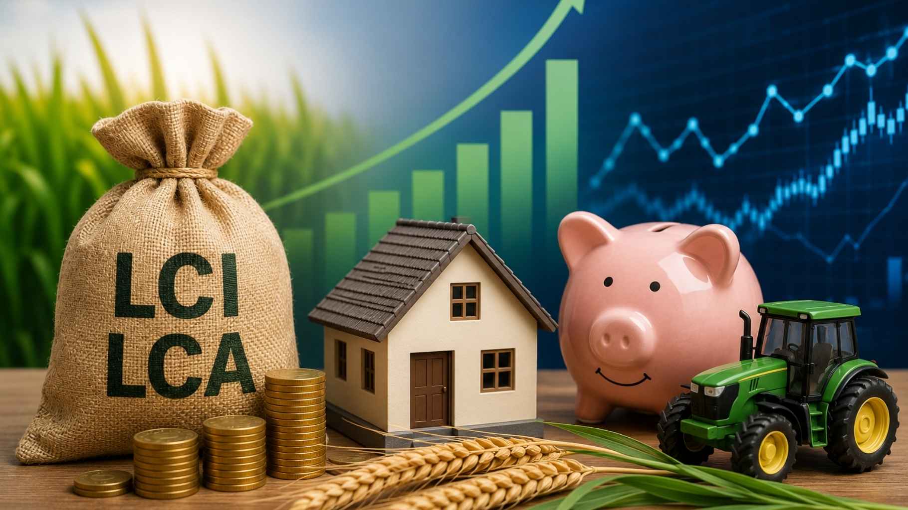 LCI e LCA representadas por casa, trator, cofrinho, moedas e gráfico de investimentos.