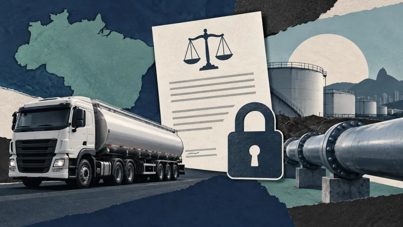 Colagem ilustrativa de caminhão-tanque e documento legal para nova lei sobre combustíveis
