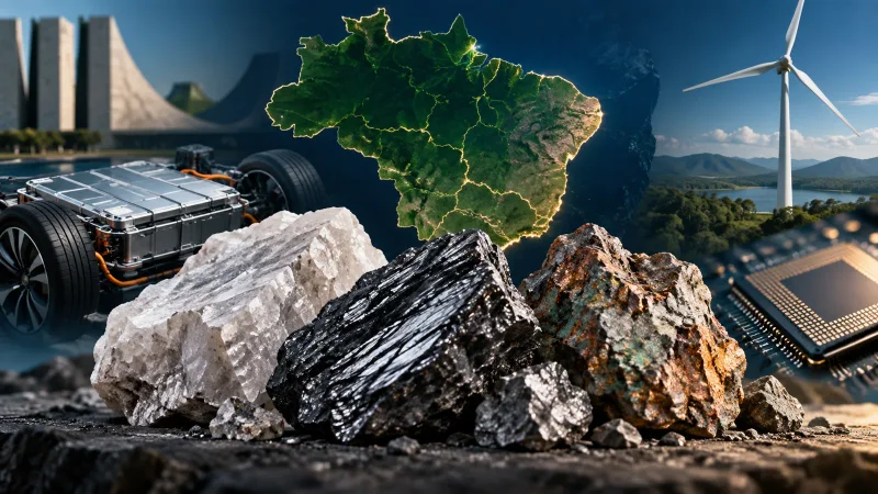 Minerais estratégicos, mapa do Brasil, bateria, chip e turbina representam a nova política de minerais críticos