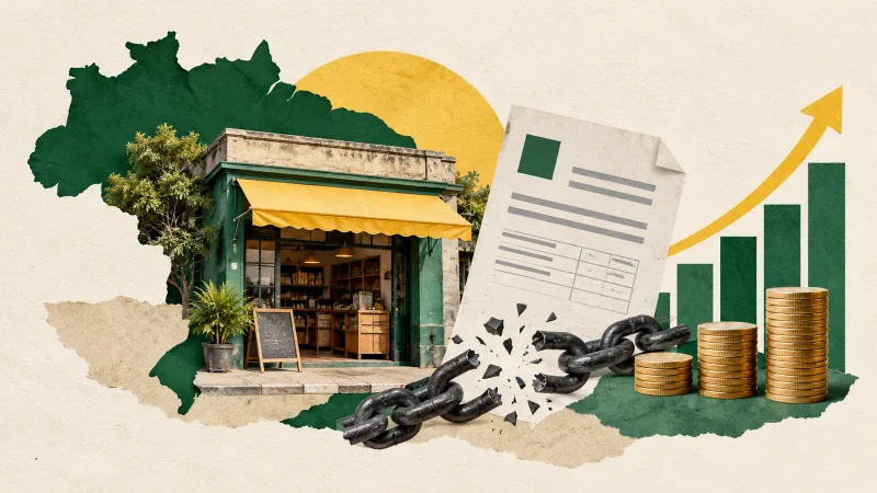 Colagem editorial com pequeno comércio, documento fiscal, corrente rompida e moedas representando o novo MEI