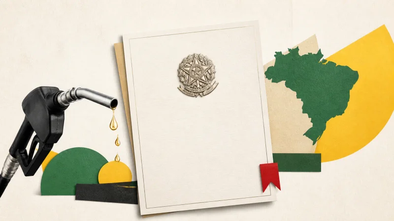 Colagem com bomba de combustível, documento oficial e mapa do Brasil sobre a nova lei tributária