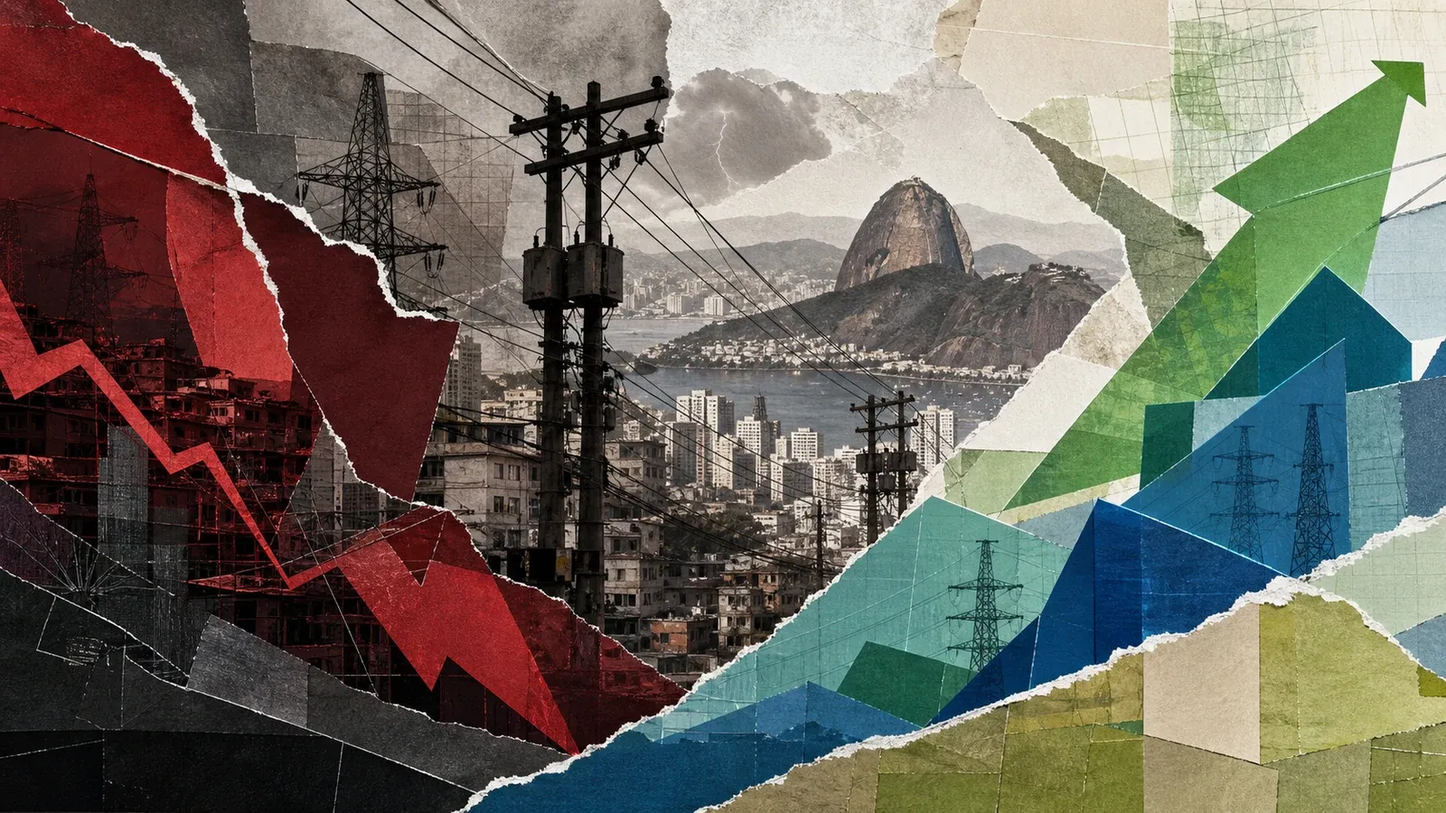 Colagem editorial com rede elétrica do Rio e formas financeiras sobre a recuperação da Light