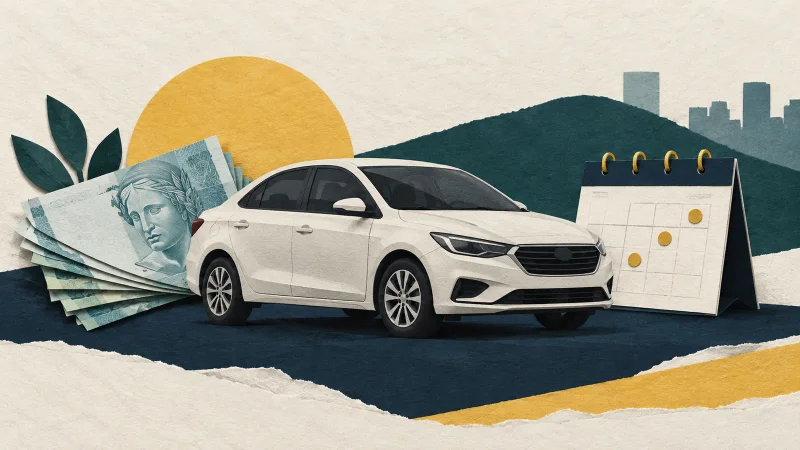 Colagem ilustrativa de carro, cédulas e calendário para os juros sobre capital próprio da Localiza