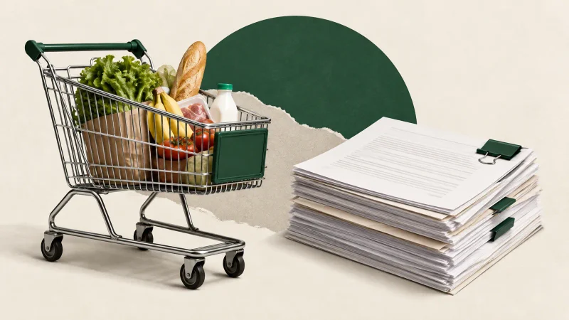 Colagem ilustrativa de carrinho de supermercado e documentos financeiros