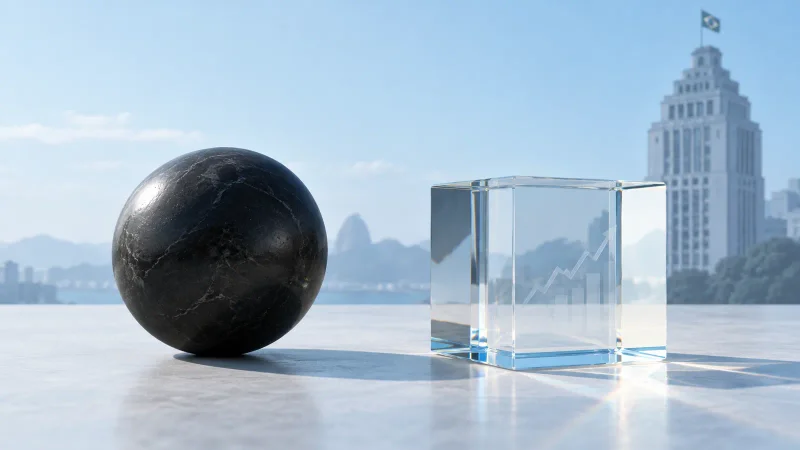 Composição conceitual de esfera escura e cubo transparente sobre fundo urbano