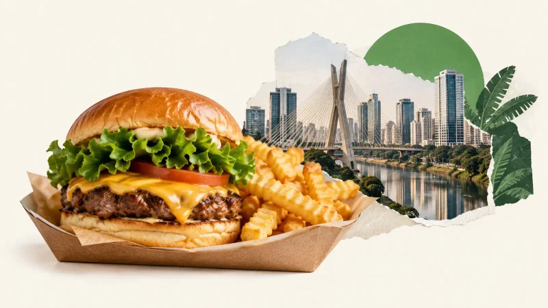 Colagem ilustrativa de hambúrguer com paisagem urbana de São Paulo