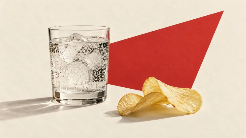 Colagem ilustrativa de copo de bebida gaseificada e batatas chips