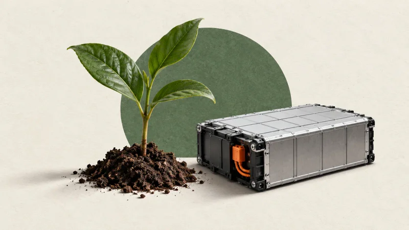 Colagem ilustrativa de muda de planta e módulo de bateria industrial