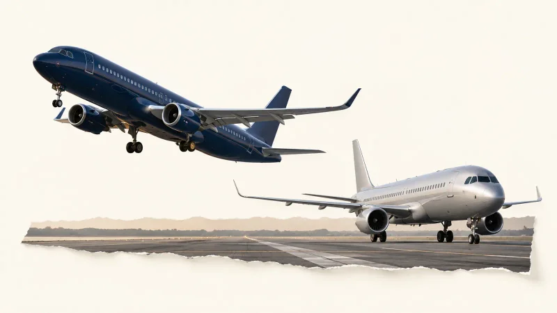 Colagem editorial com dois aviões comerciais em fundo azul claro
