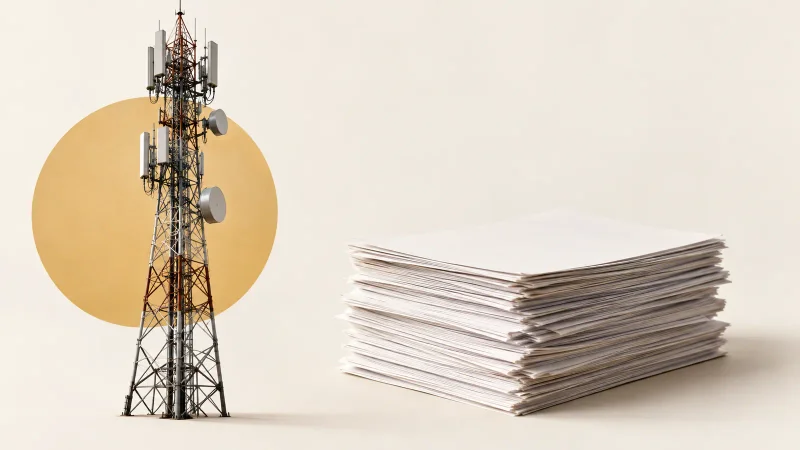 Colagem ilustrativa de torre de telecomunicações e documentos financeiros