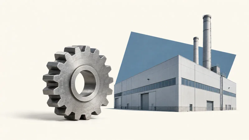 Colagem ilustrativa de engrenagem metálica e unidade industrial