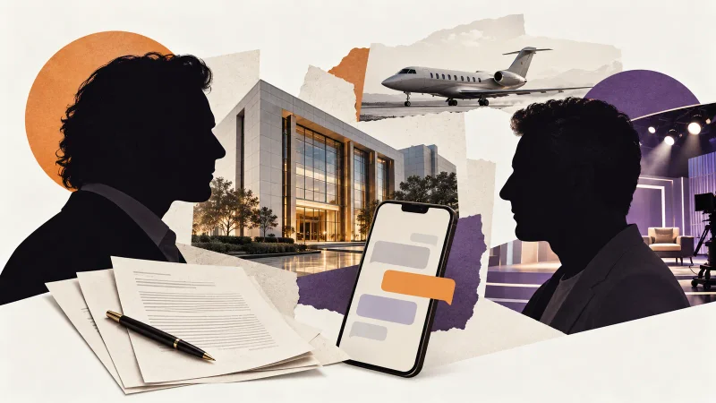 Colagem editorial com dois perfis, prédio bancário, estúdio de televisão, celular, contratos e avião