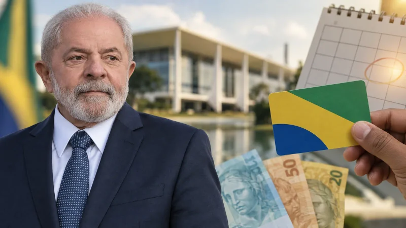 Presidente Lula ao lado de cartão social, dinheiro e calendário em imagem sobre o reajuste do Bolsa Família