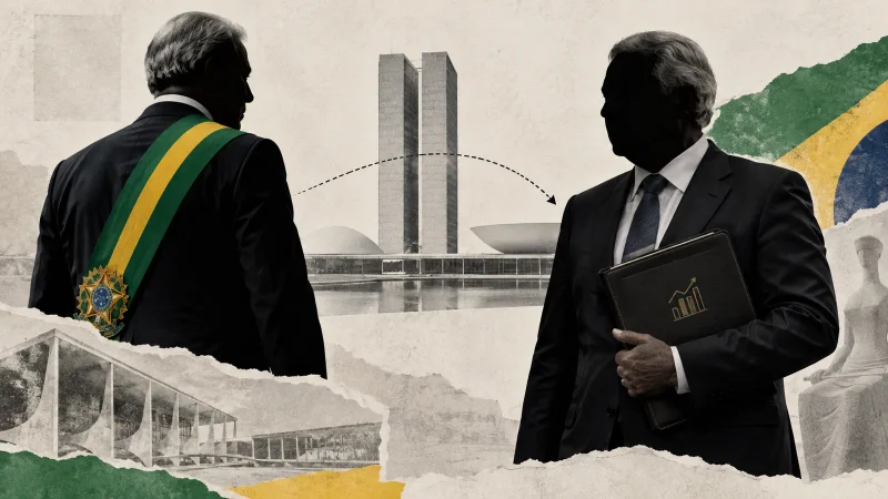Colagem editorial com dois líderes políticos, Congresso e pasta econômica