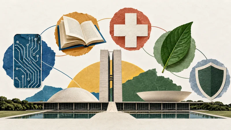 Colagem minimalista com Congresso, circuito digital, livro, símbolo de saúde, folha e escudo