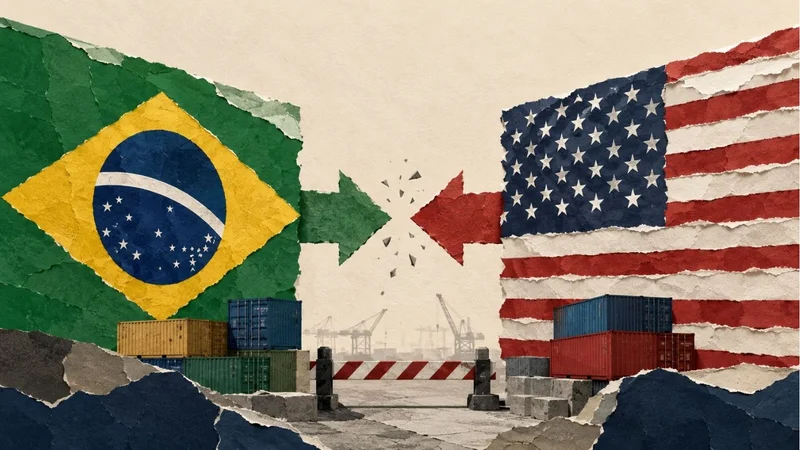 Colagem mostra as bandeiras do Brasil e dos Estados Unidos em lados opostos, com setas em confronto, contêineres e barreiras comerciais representando uma disputa de tarifas entre os dois países.