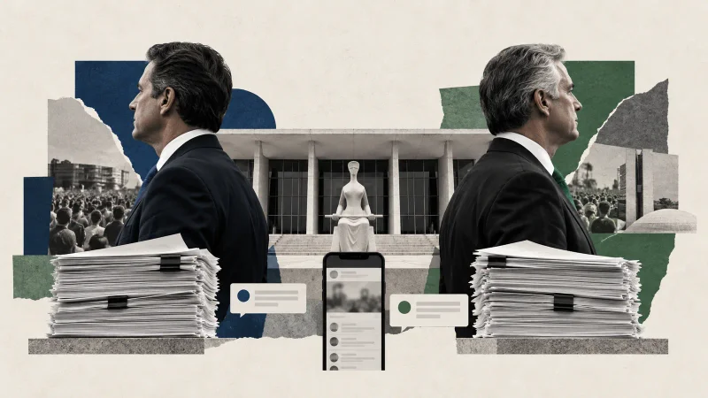 Colagem editorial com dois representantes políticos, tribunal, celular e pilhas de processos
