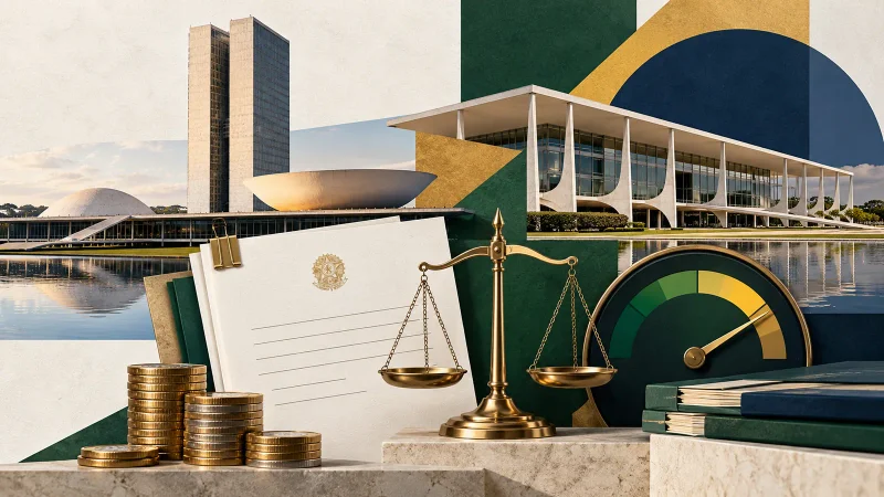 Colagem minimalista com Congresso, Planalto, orçamento, moedas e balança fiscal