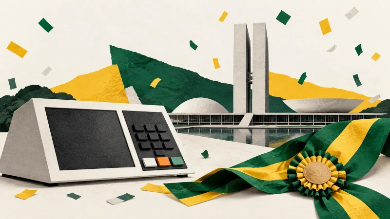 Colagem minimalista com urna eletrônica, faixa presidencial e Congresso Nacional