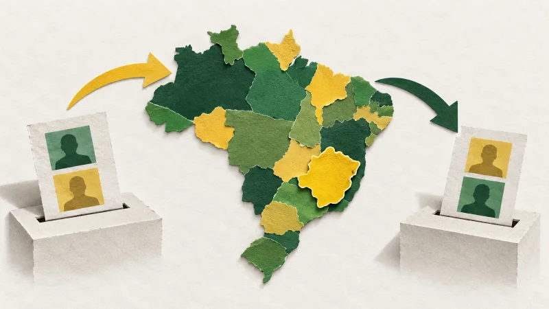 Colagem minimalista com mapa do Brasil em papel e setas entre os dois turnos