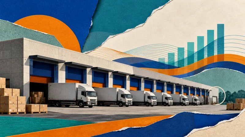 Colagem editorial com galpões ocupados e caminhões sobre os resultados do LVBI11
