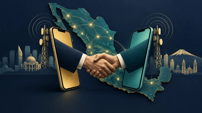 Colagem editorial de celulares e mapa do México