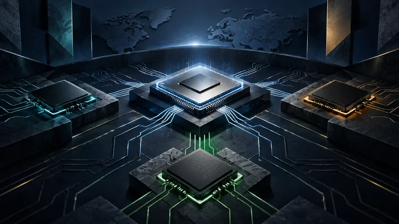 Colagem clean de chip central cercado por concorrentes