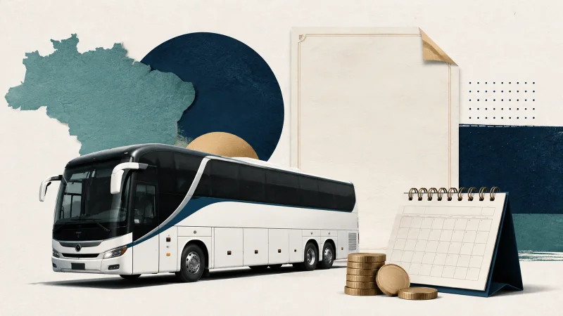 Ônibus rodoviário, calendário e moedas em colagem minimalista sobre os dividendos da Marcopolo